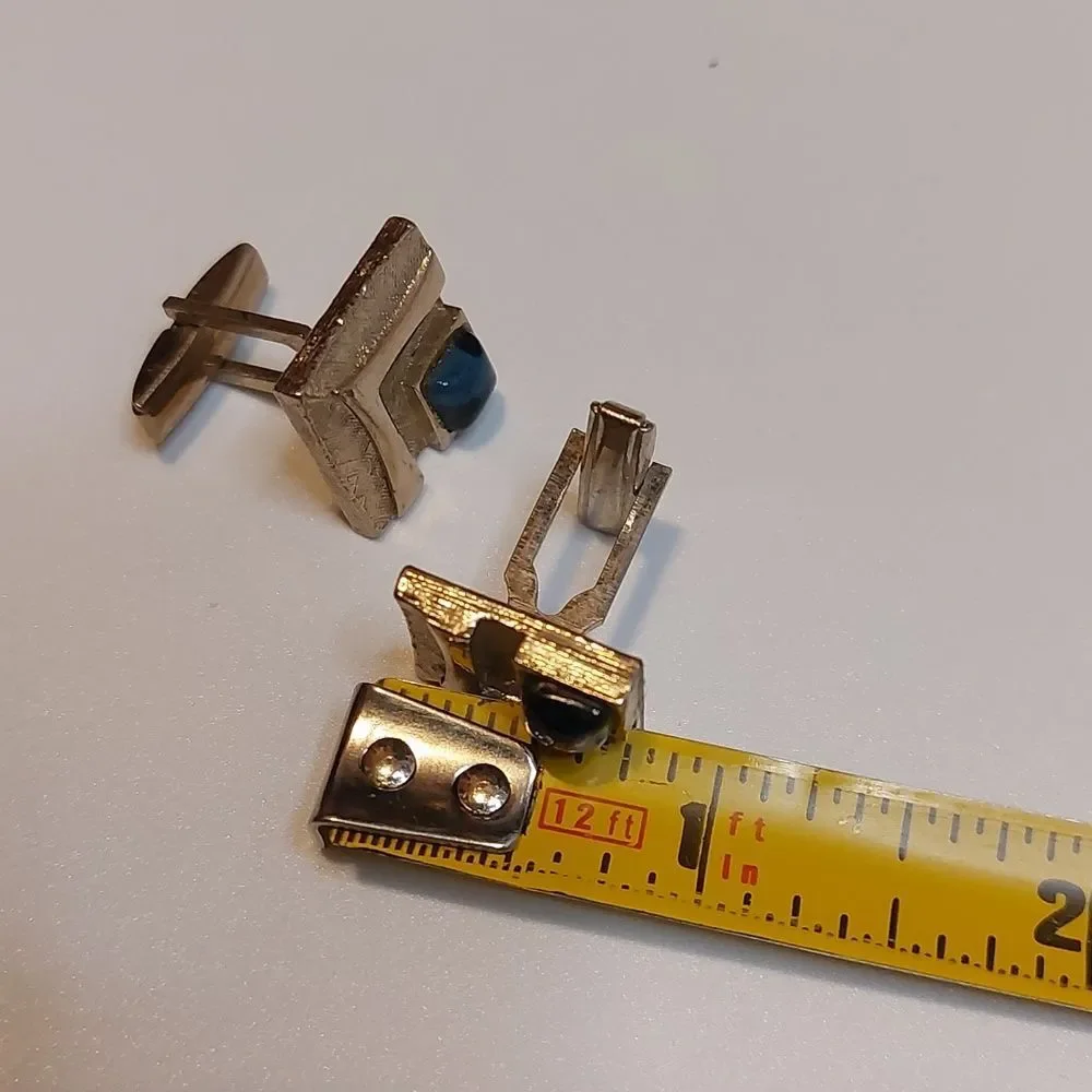 Vintage Textured Square Cufflinks Blue Glass Accent